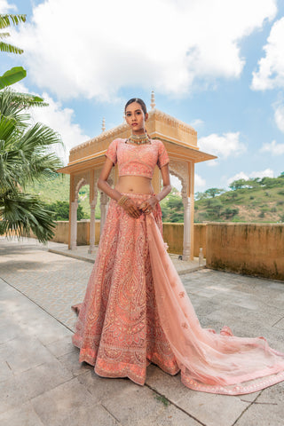 Peaches Pink Zarkan Work Net Semi Stitched Lehenga Choli With Net Dupatta