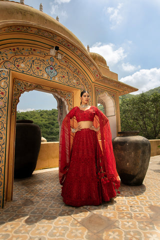 Red Fully Zarkan Net Base Semi Stitched Glamorous Glitterati Lehenga Choli With Net Dupatta