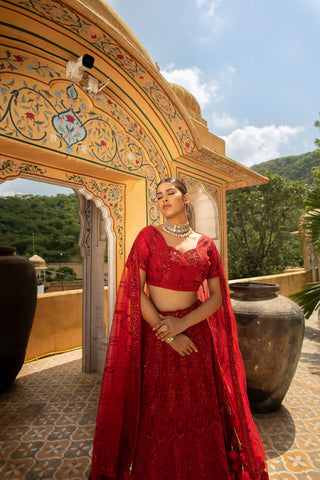 Red Fully Zarkan Net Base Semi Stitched Glamorous Glitterati Lehenga Choli With Net Dupatta