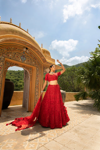 Red Fully Zarkan Net Base Semi Stitched Glamorous Glitterati Lehenga Choli With Net Dupatta