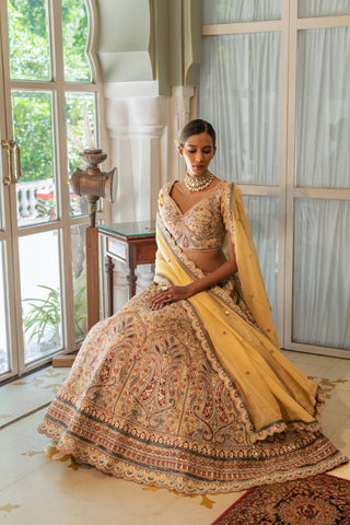 Mustard Yellow Zarkan Work Silk Semi Stitched Bridal Lehenga Choli With Net Dupatta