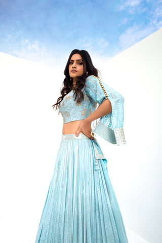 Sky Blue Viscose Fully Stitched Embroidered Lehenga Choli With Tailored Blouse And Dupatta.