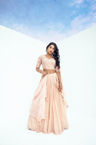 Peach Viscose Fully Stitched Embroidered Lehenga Choli With Tailored Blouse And Dupatta.