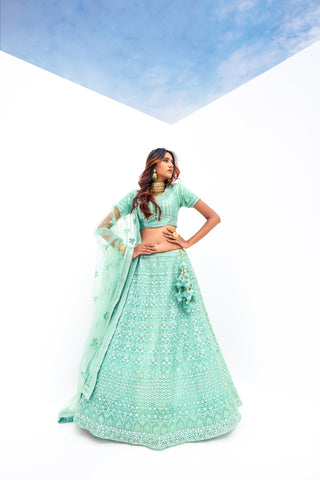 Aquamarine Green Pure Viscose Stitched Lehenga Choli with Embroidered Blouse & Dupatta.