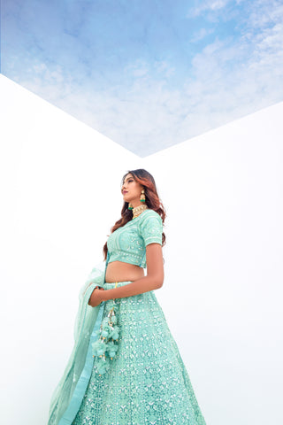 Aquamarine Green Pure Viscose Stitched Lehenga Choli with Embroidered Blouse & Dupatta.