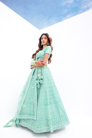 Aquamarine Green Pure Viscose Stitched Lehenga Choli with Embroidered Blouse & Dupatta.