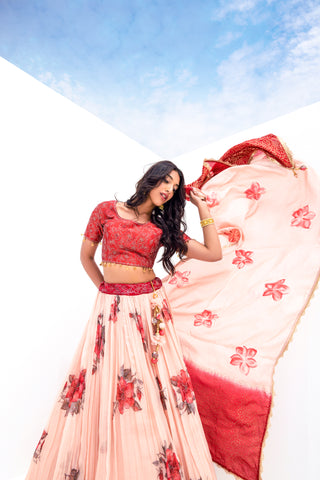 Red Peach Pure Viscose Stitched Lehenga Choli with Embroidered Blouse & Dupatta.