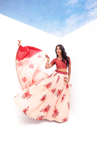 Red Peach Pure Viscose Stitched Lehenga Choli with Embroidered Blouse & Dupatta.