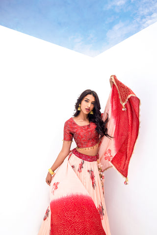 Red Peach Pure Viscose Stitched Lehenga Choli with Embroidered Blouse & Dupatta.