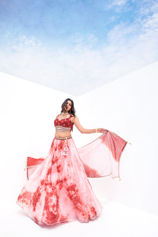 Cherry Red Viscose Fully Stitched Embroidered Lehenga Choli With Tailored Blouse And Dupatta.