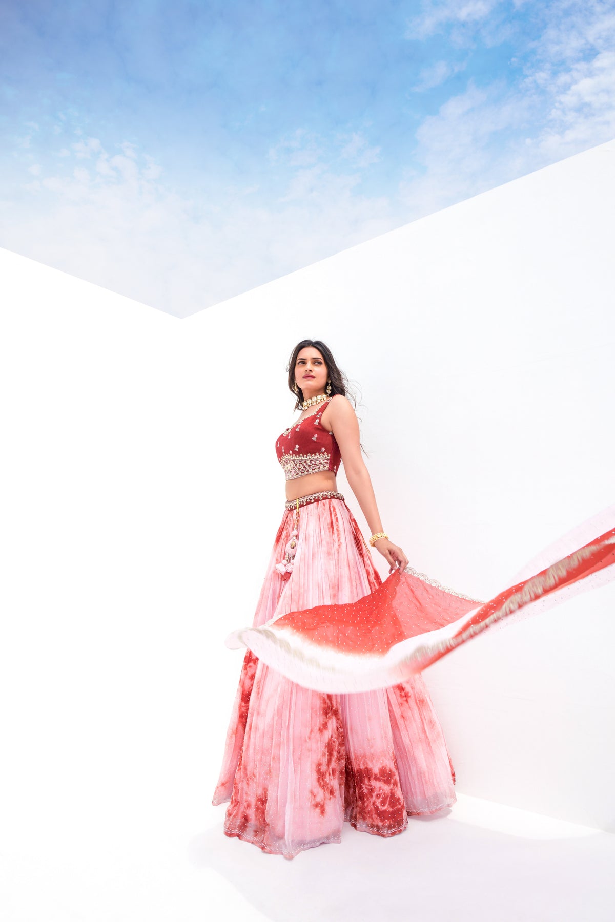 Cherry Red Viscose Fully Stitched Embroidered Lehenga Choli With Tailored Blouse And Dupatta.