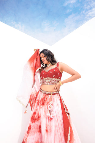 Cherry Red Viscose Fully Stitched Embroidered Lehenga Choli With Tailored Blouse And Dupatta.