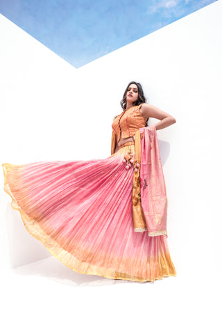 Multi shaded Pure Viscose Stitched Lehenga Choli with Embroidered Blouse & Dupatta.