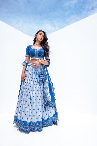 Steel Blue Pure Viscose Stitched Lehenga Choli with Embroidered Blouse & Dupatta.