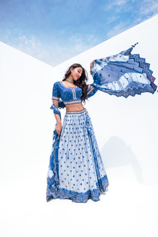 Steel Blue Pure Viscose Stitched Lehenga Choli with Embroidered Blouse & Dupatta.