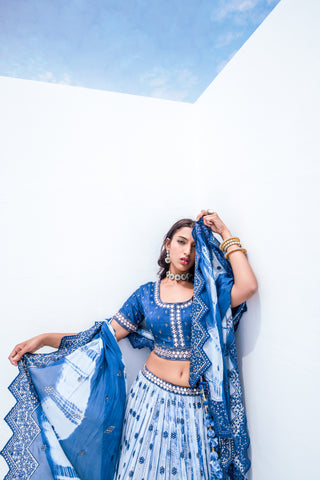 Steel Blue Pure Viscose Stitched Lehenga Choli with Embroidered Blouse & Dupatta.