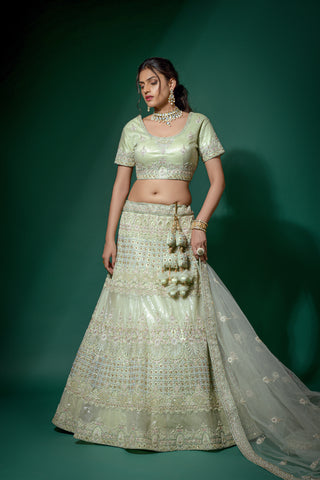 Mint Green And Rose Pink Net Semi-Stitched Lehenga And Unstitched Choli