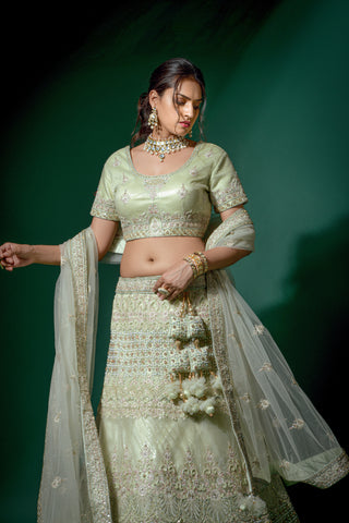 Mint Green And Rose Pink Net Semi-Stitched Lehenga And Unstitched Choli