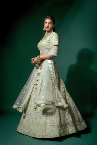 Mint Green And Rose Pink Net Semi-Stitched Lehenga And Unstitched Choli