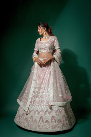 Navy Blue And Peach Pink Net Embroidered Fancy Semi Stitched Lehenga And Unstitched Choli