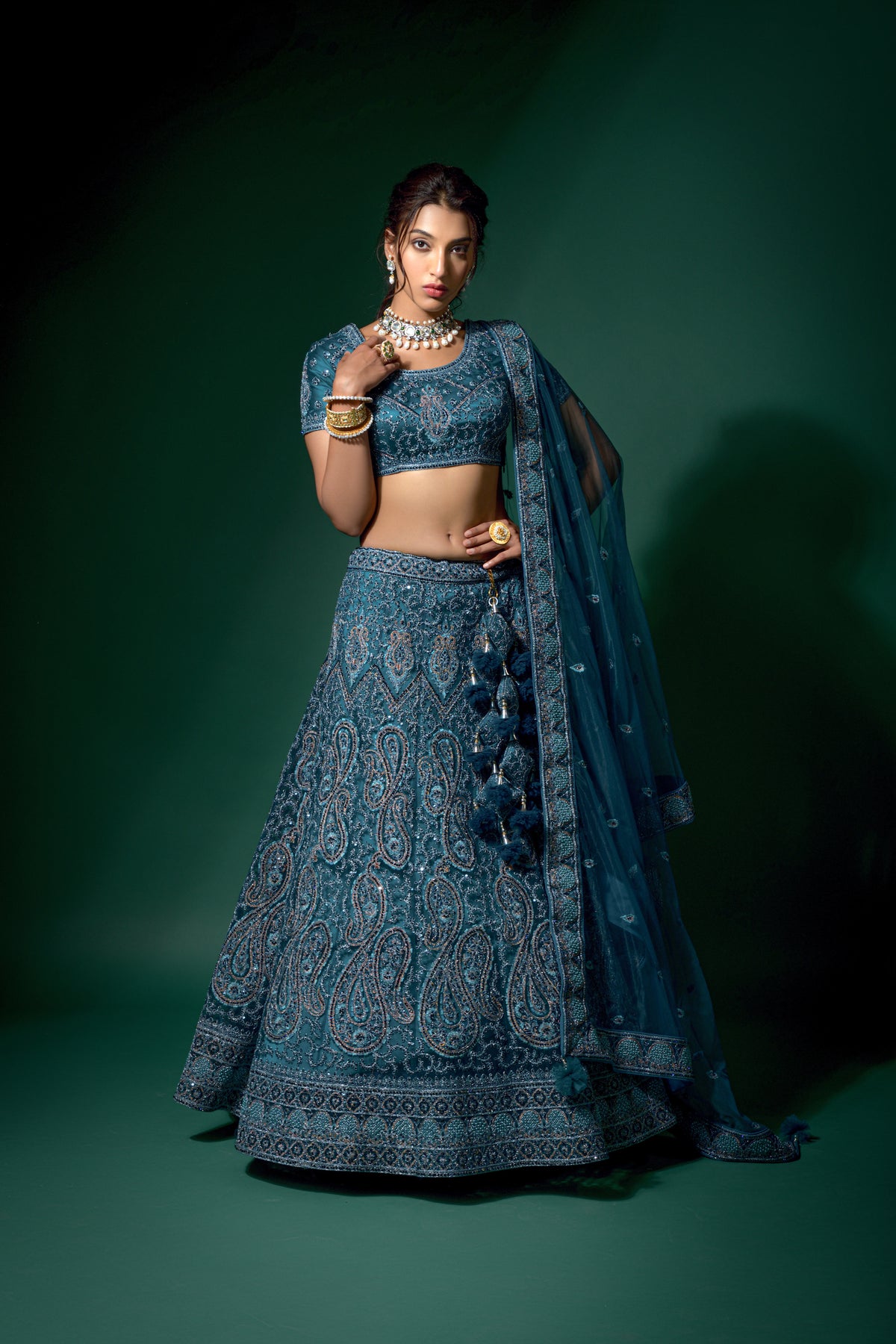 Navy Blue Net Embroidered Semi Stitched Lehenga And Unstitched Choli.