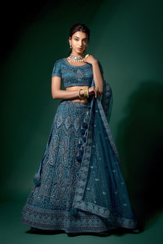 Navy Blue Net Embroidered Semi Stitched Lehenga And Unstitched Choli.