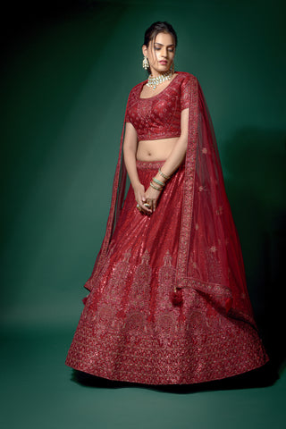 Cherry Red And Peach Net Fabric Semi Stitched Embroidered Lehenga Choli With Unstitched Blouse And Dupatta