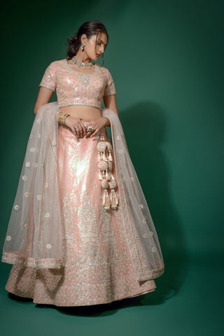 Cherry Red And Peach Net Fabric Semi Stitched Embroidered Lehenga Choli With Unstitched Blouse And Dupatta