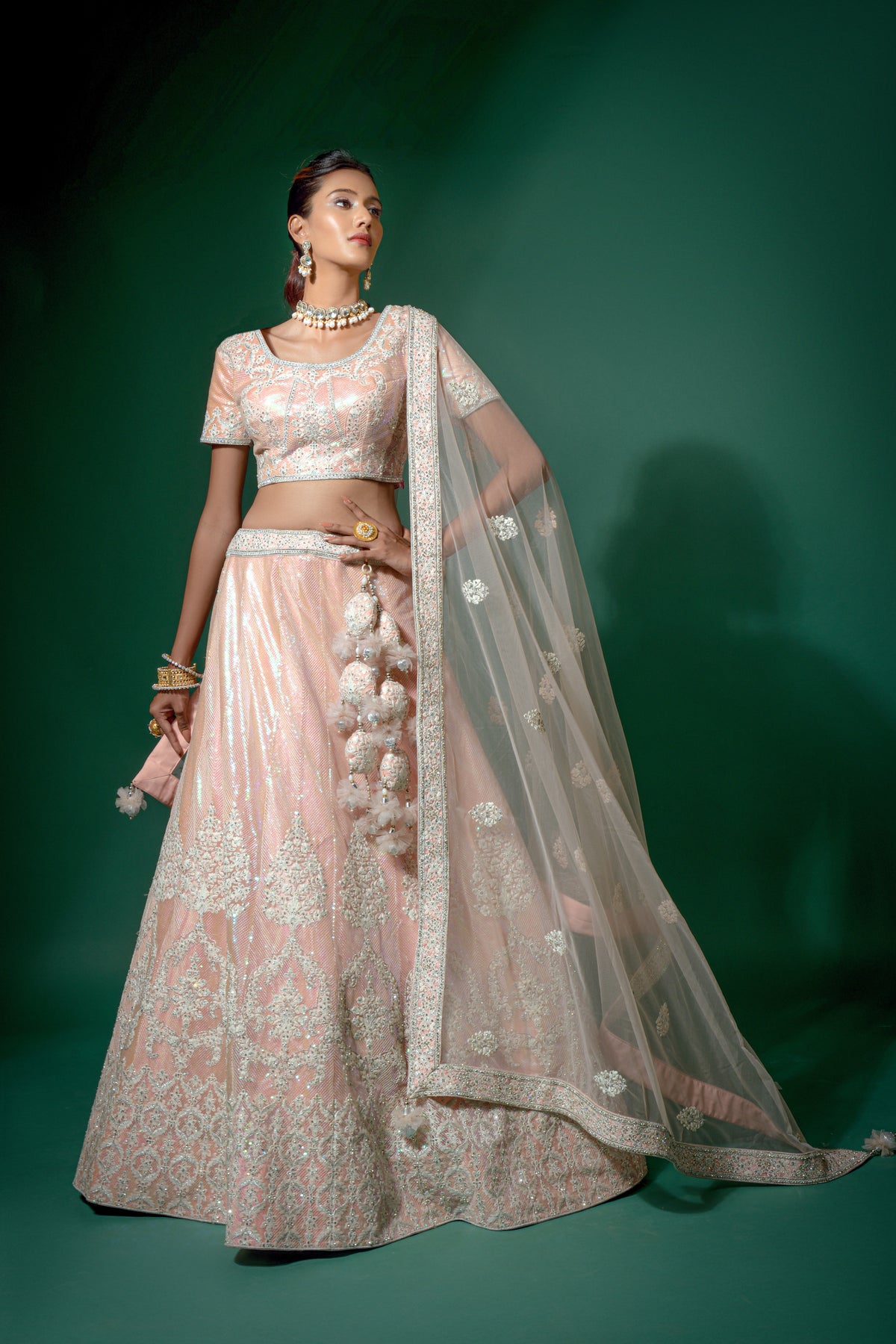 Pink Peach Net Embroidered Versatile Glamour: Semi-Stitched Lehenga with Unstitched Choli.