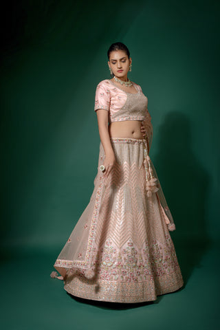 Mint Green And Rose Pink Net Semi-Stitched Lehenga And Unstitched Choli