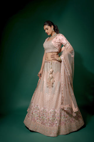 Mint Green And Rose Pink Net Semi-Stitched Lehenga And Unstitched Choli