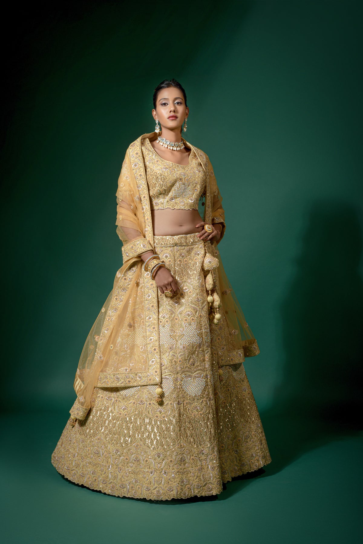 Mustard Yellow Net Embroidered Semi Stitched Lehenga And Unstitched Choli