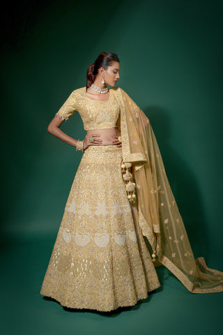 Mustard Yellow Net Embroidered Semi Stitched Lehenga And Unstitched Choli