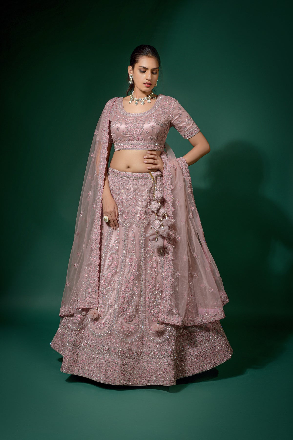 Light Purple Net Embroidered Semi Stitched Lehenga And Unstitched Choli