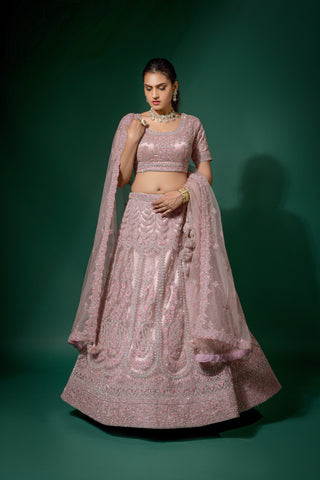 Light Purple Net Embroidered Semi Stitched Lehenga And Unstitched Choli