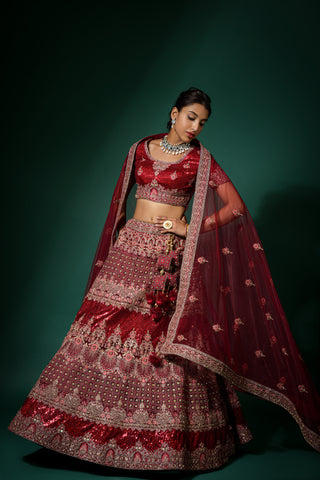 Cherry Red Net Semi Stitched Embroidered Lehenga Choli With Unstitched Blouse And Dupatta