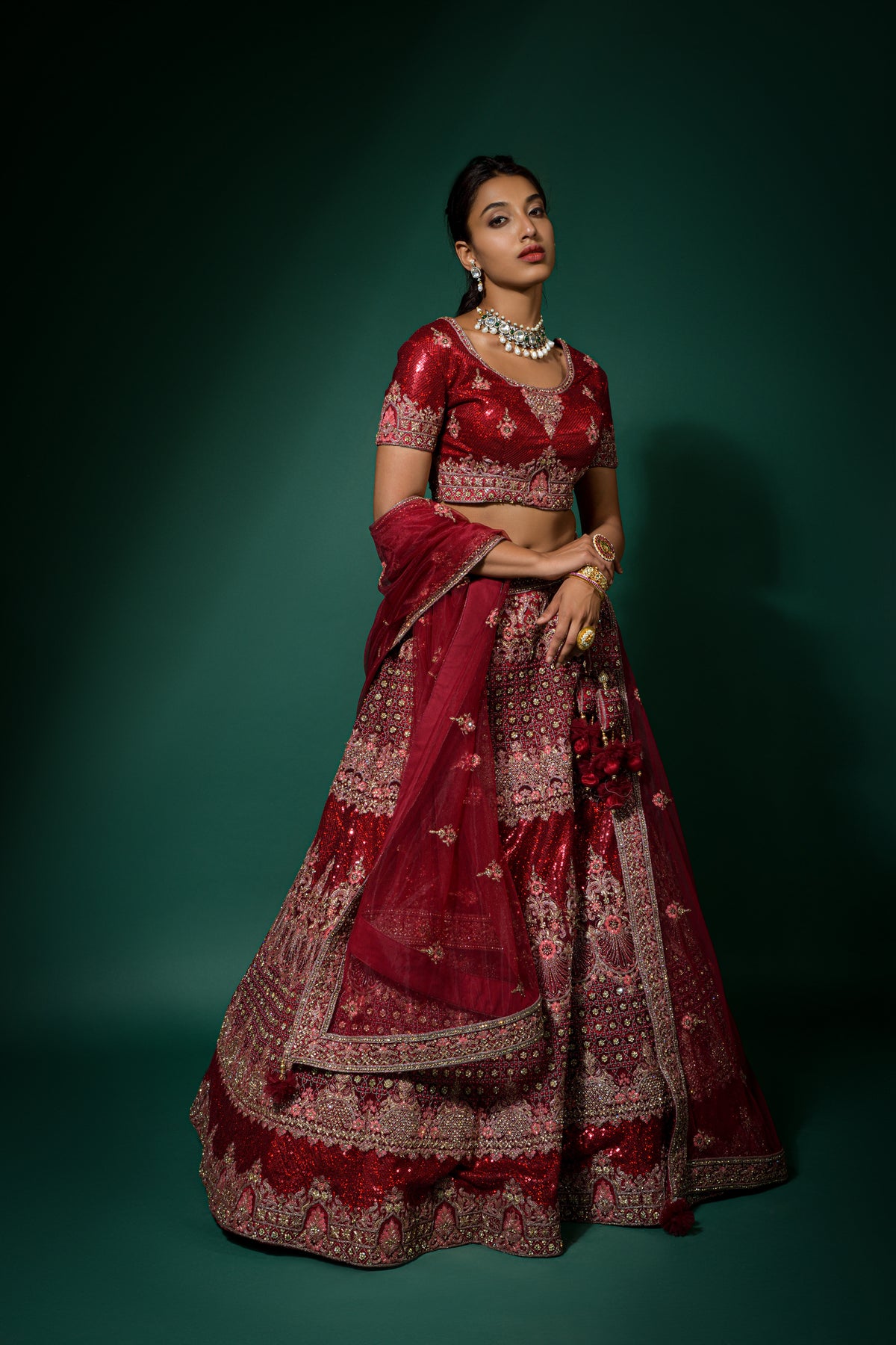 Cherry Red Net Semi Stitched Embroidered Lehenga Choli With Unstitched Blouse And Dupatta