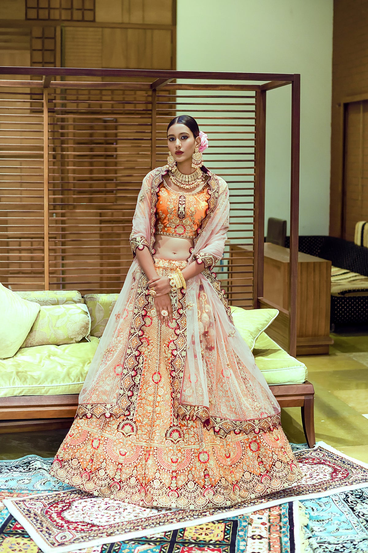 Light Orange Unique Hand Work Pattern Velvet Semi Stiched Bridal Lehenga Choli With Net Dupatta.