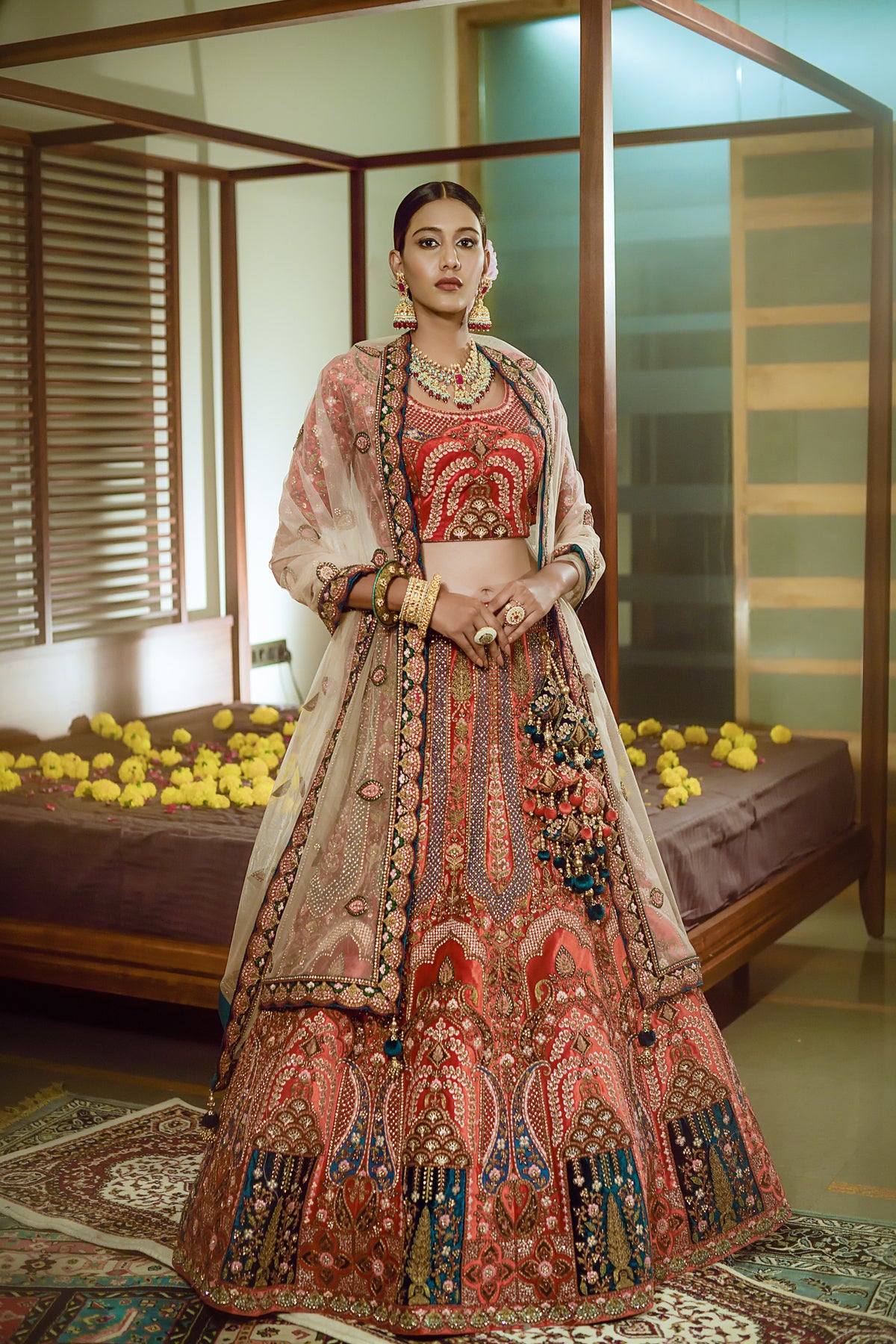 Red Velvet Semi Stitched Bridal Lehenga Choli With Net Dupatta.