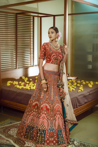 Red Velvet Semi Stitched Bridal Lehenga Choli With Net Dupatta.