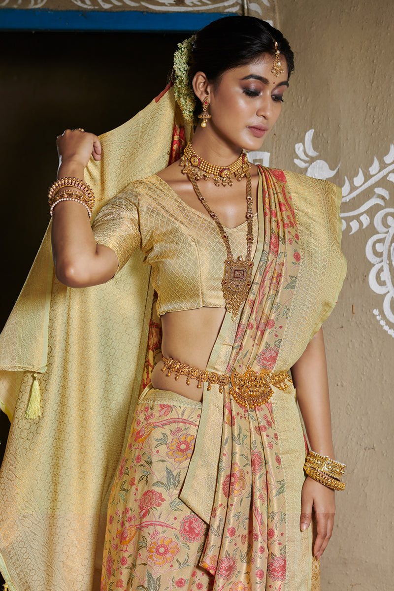 Crafted Elegance Golden Banarasi Slik Sarees for Women