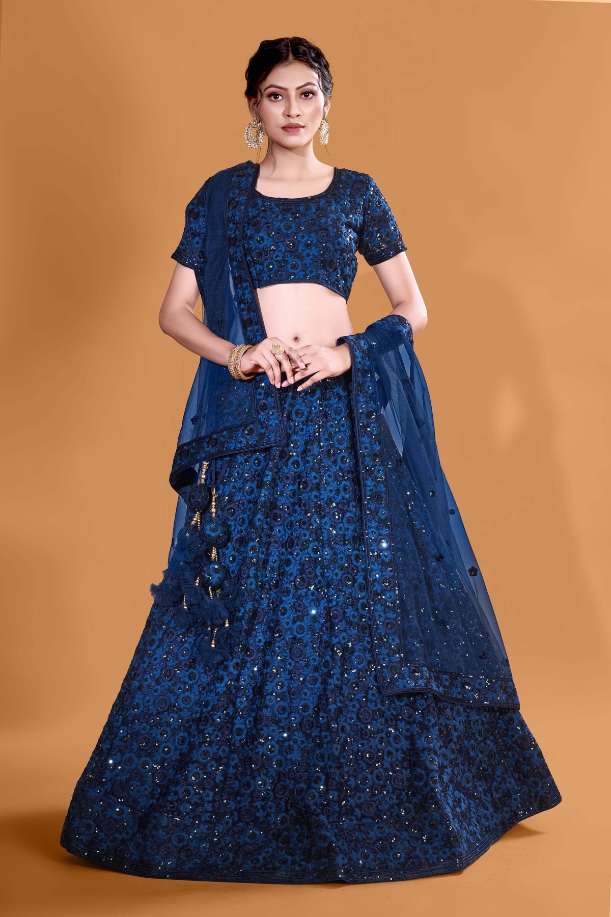 Neavy Blue Luxurious Luminosity Full Sequence Velvet Semi Stitched Lehenga Choli With Net Dupatta