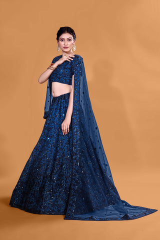 Neavy Blue Luxurious Luminosity Full Sequence Velvet Semi Stitched Lehenga Choli With Net Dupatta