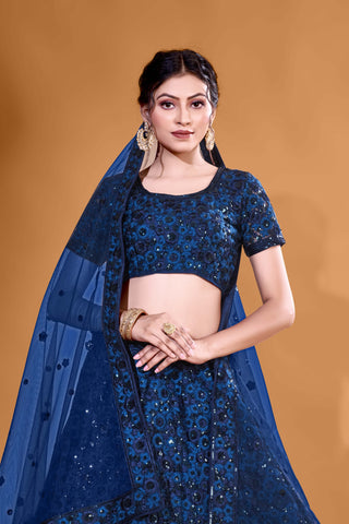 Neavy Blue Luxurious Luminosity Full Sequence Velvet Semi Stitched Lehenga Choli With Net Dupatta