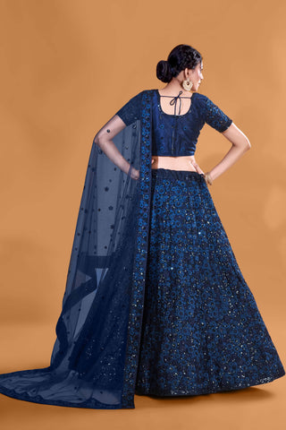 Neavy Blue Luxurious Luminosity Full Sequence Velvet Semi Stitched Lehenga Choli With Net Dupatta