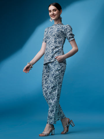 Blue Cotton Printed Co-Ord Set With Jewel Neck and Puff Sleeve