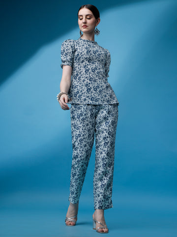 Blue Cotton Printed Co-Ord Set With Jewel Neck and Puff Sleeve