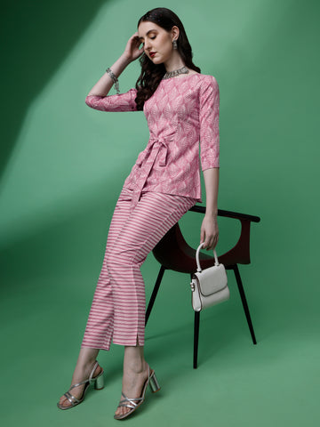 Pink Cotton Printed Co-Ord Set With Boat Neck and Regular Sleeve