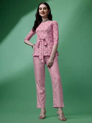 Pink Cotton Printed Co-Ord Set With Boat Neck and Regular Sleeve