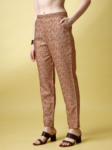 Brown Cotton Printed Co-Ord Set With Keyhole Neck and Gathered Sleeve